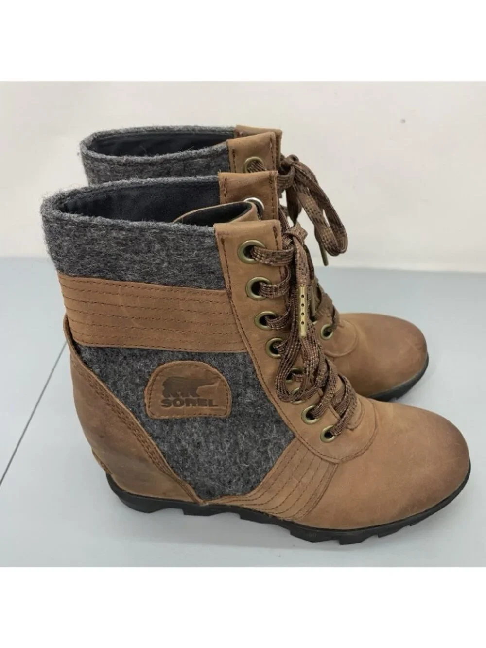 Sorel Lexie Ankle Wedge Boots Waterproof Distressed Felt Leather Brown Women 8.5